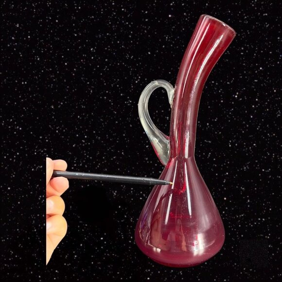 Hand Blown Art Glass Vase Ruby Red Clear Handle Hand Made Vintage Glass Jug - Picture 8 of 15